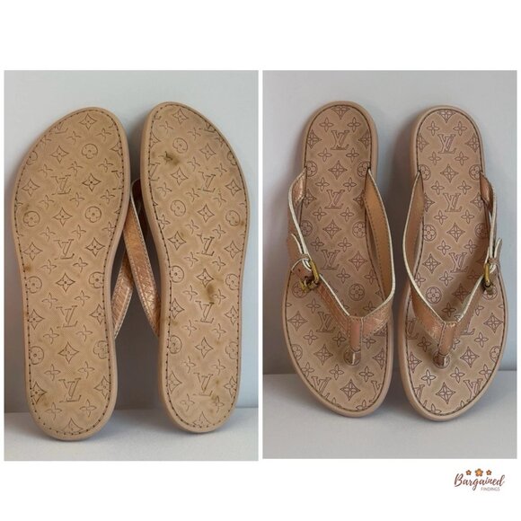 Auth Louis Vuitton Pink/Beige Monogram Embossed Rubber Flip Flop Sandals 40/10 - Picture 5 of 10